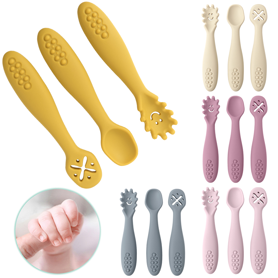 Baby Food Utensils Set - 3 قطعة ملعقة سيليكون شوكة لأواني
